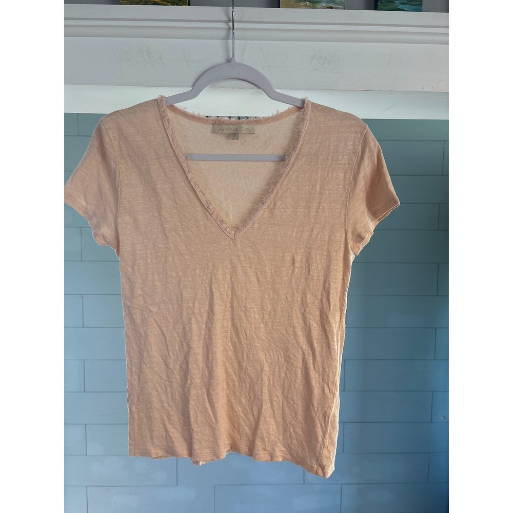 Vanessa Bruno Womens Peach 100% Linen V-Neck Fringe Trim T-Shirt Size M